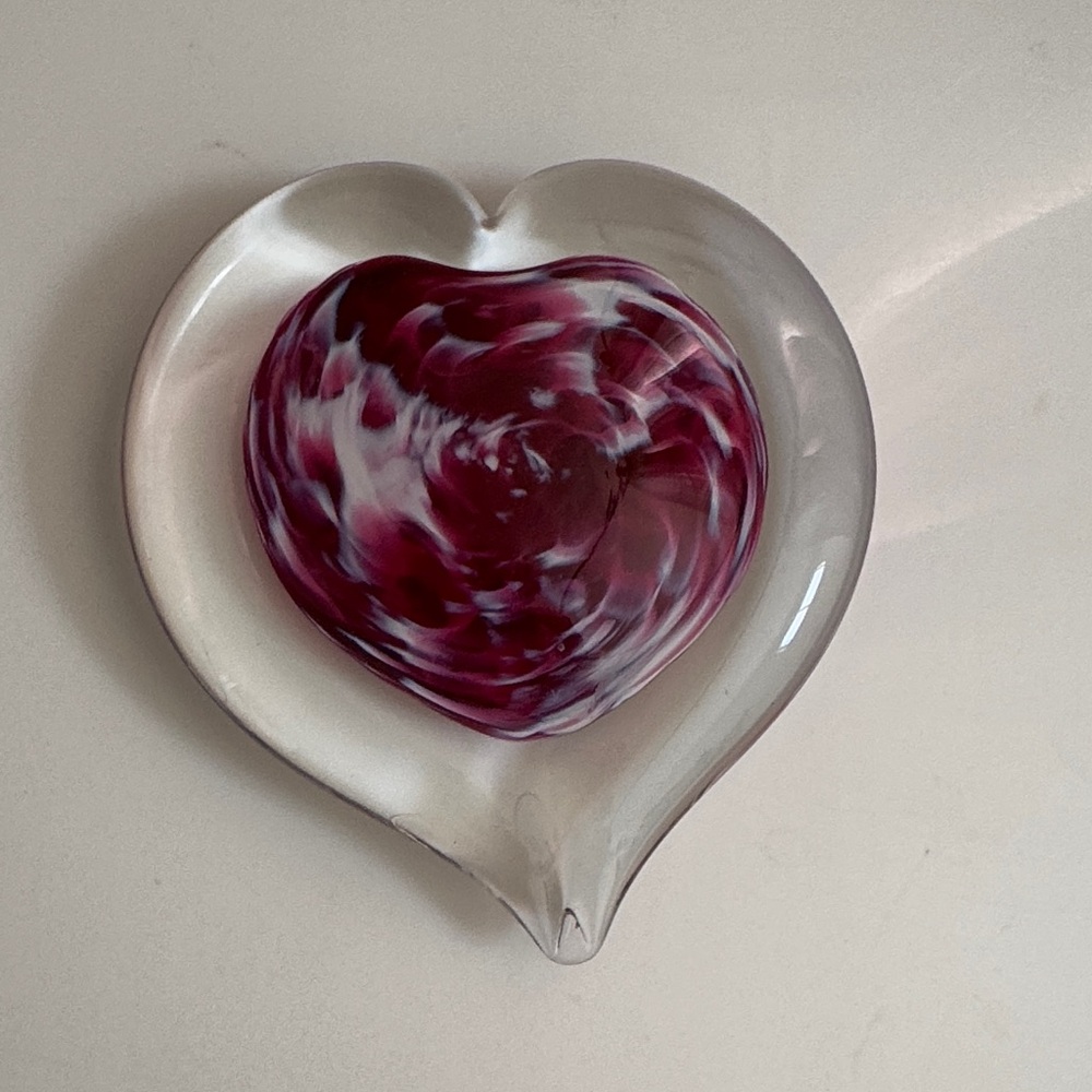 Elegant Hand Blown Glass Heart Art Paperweight- Red and White